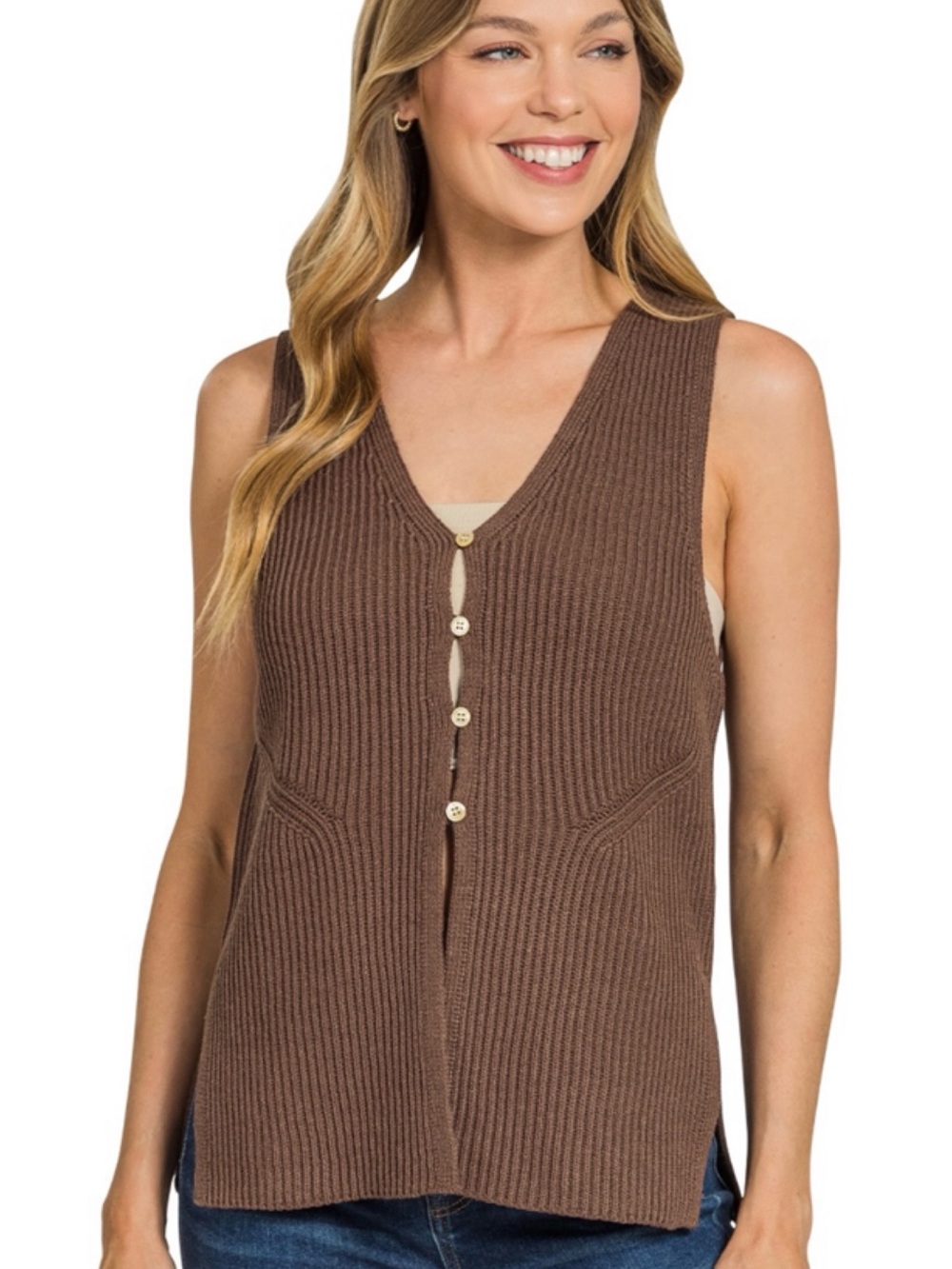 Sleeveless V-Neck Button Rib Knit Top - Brown